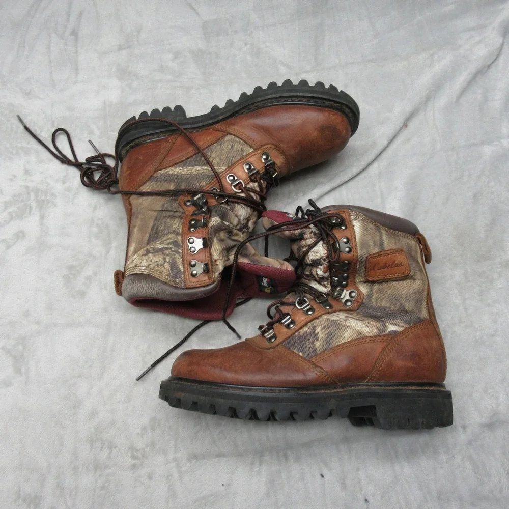 Cabelas Youth Hunting Boots 4M‎ Brown Camo Leather Insulated Outdoor Waterproof